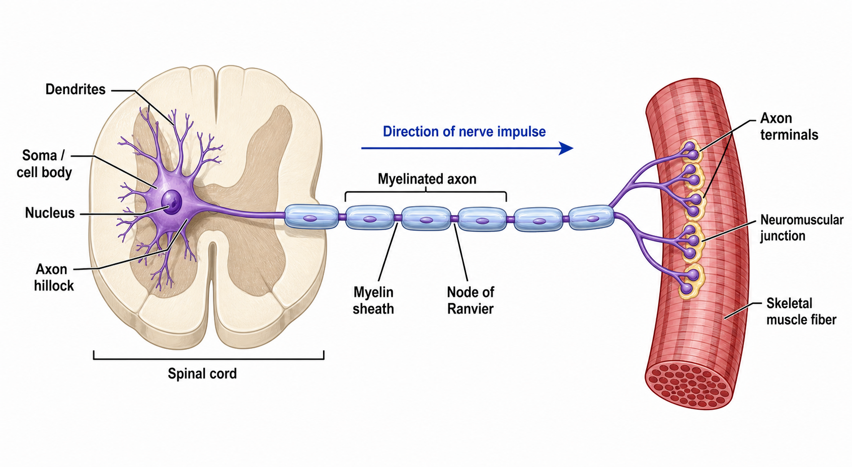 Motor Neuron — An efferent neuron running from the cell body down a myelinated axon to a neuromuscular junction on a muscle fiber.
