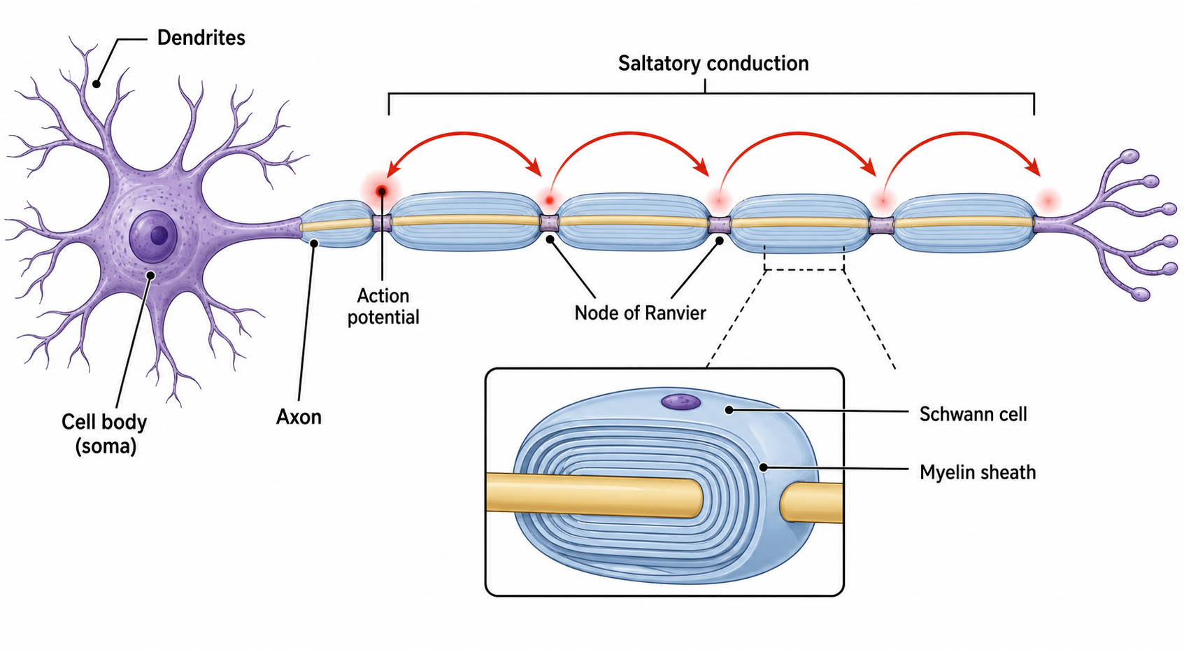 Nerve Cell Structure — A structural view of a myelinated axon with a Schwann cell cutaway, nodes of Ranvier, and saltatory conduction.
