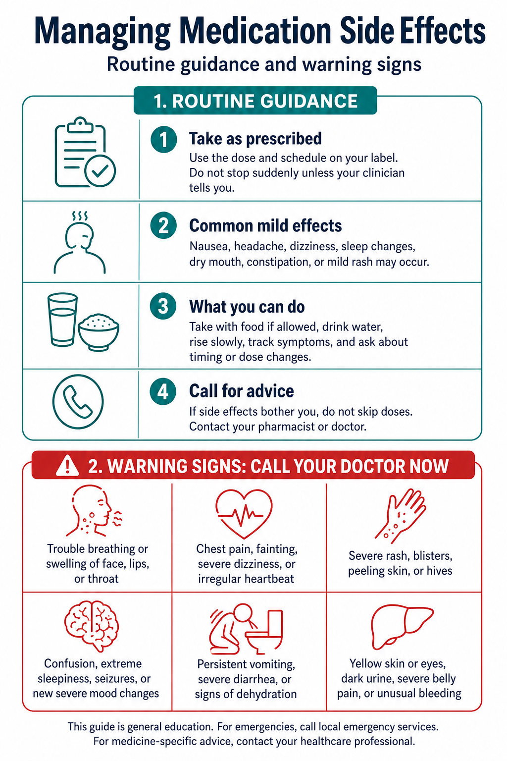 Infografica sugli effetti collaterali dei farmaci che separa le indicazioni di routine dai segnali d'allarme che richiedono un clinico — volantino guida ai farmaci per il paziente in linguaggio semplice