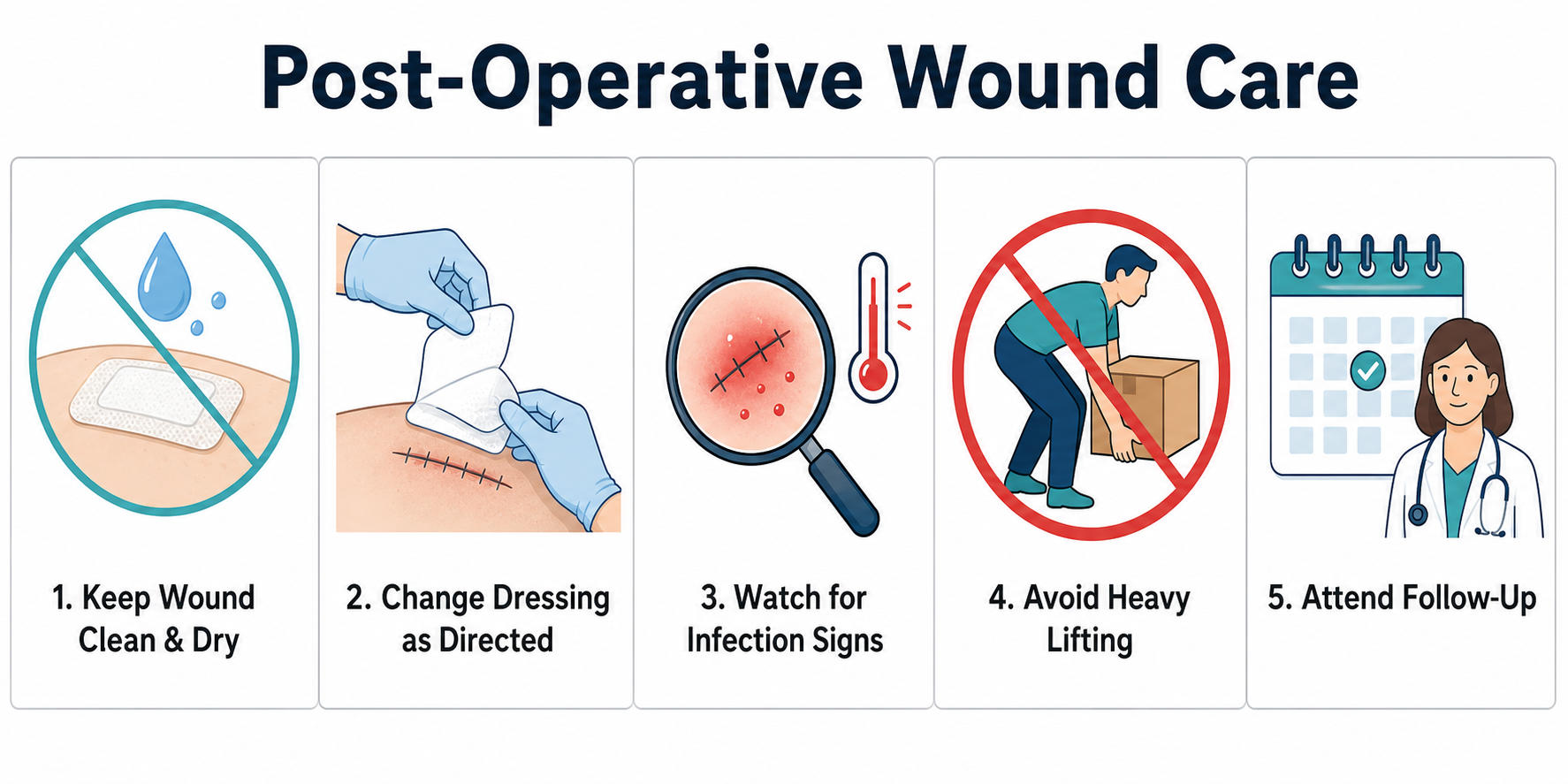 Infografica sulla cura della ferita post-operatoria con riquadri per mantenere la ferita pulita e asciutta, cambiare le medicazioni, sorvegliare l'infezione e partecipare al follow-up — volantino con istruzioni di dimissione per il paziente