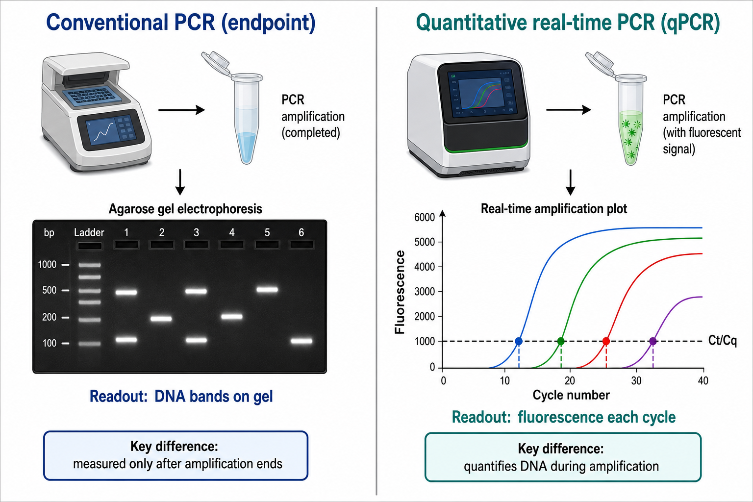 Diagrama comparativo de la PCR convencional de punto final frente a la qPCR que muestra la lectura en gel para la PCR y la curva de fluorescencia en tiempo real para la qPCR