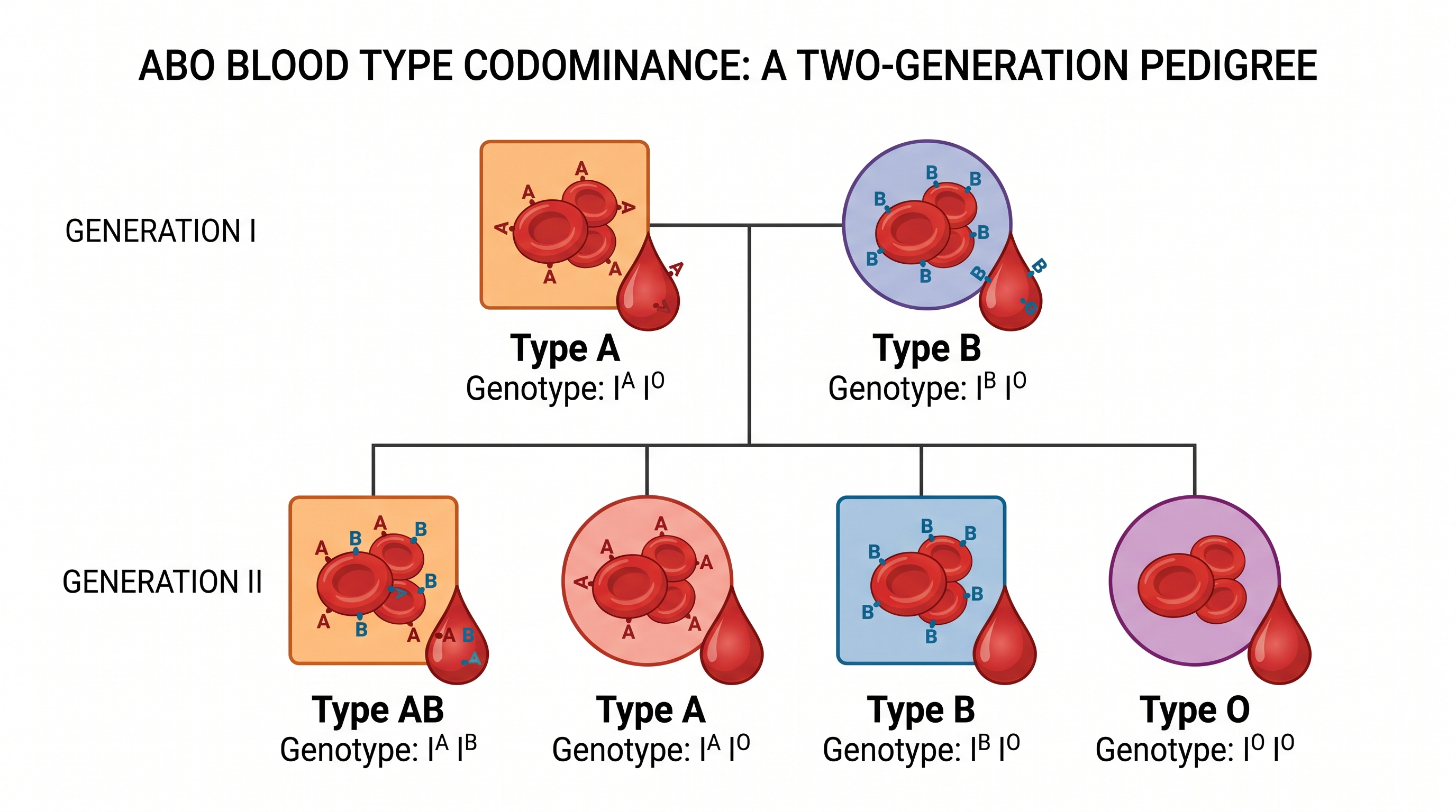Kodominante Blutgruppen — Zweigenerationiger Stammbaum zur ABO-Blutgruppen-Vererbung mit Genotypen, der Kodominanz und multiple Allele veranschaulicht.