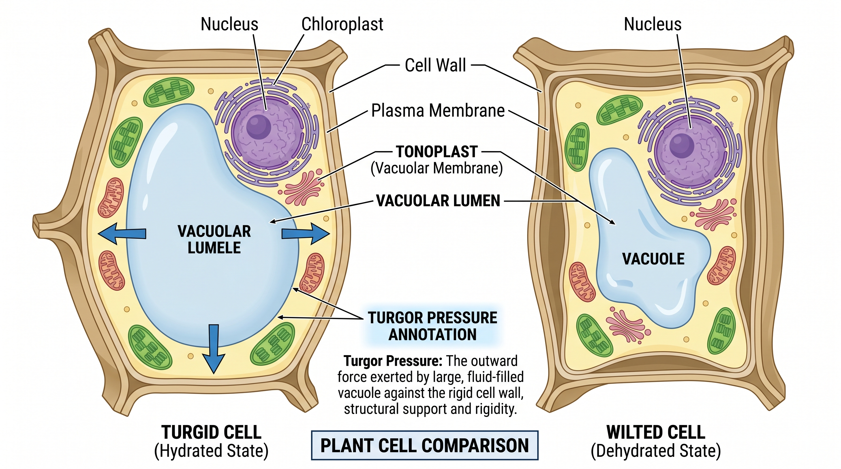 Vacuola Central y Turgencia — Diagrama de célula vegetal que destaca la gran vacuola central, la membrana tonoplasto y anotaciones que explican la presión de turgencia.