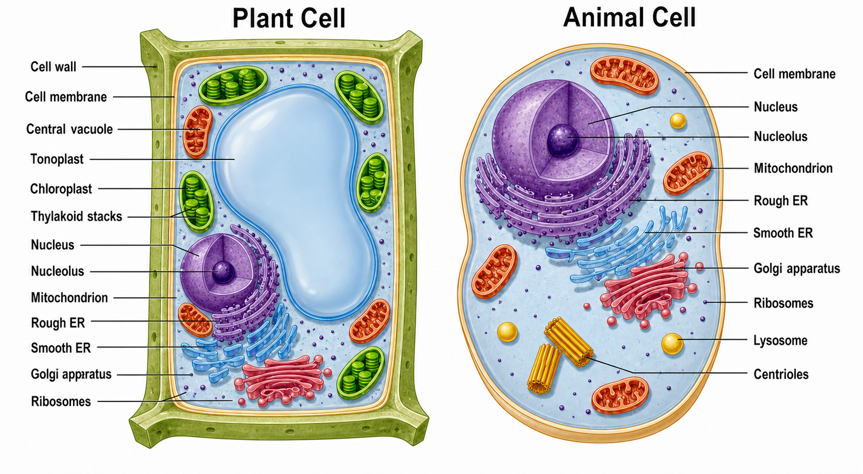 Vollständig beschrifteter Vergleich — Detaillierte Querschnitte beider Zellen, bei denen jede Organelle benannt ist und ein einheitlicher Stil verwendet wird.