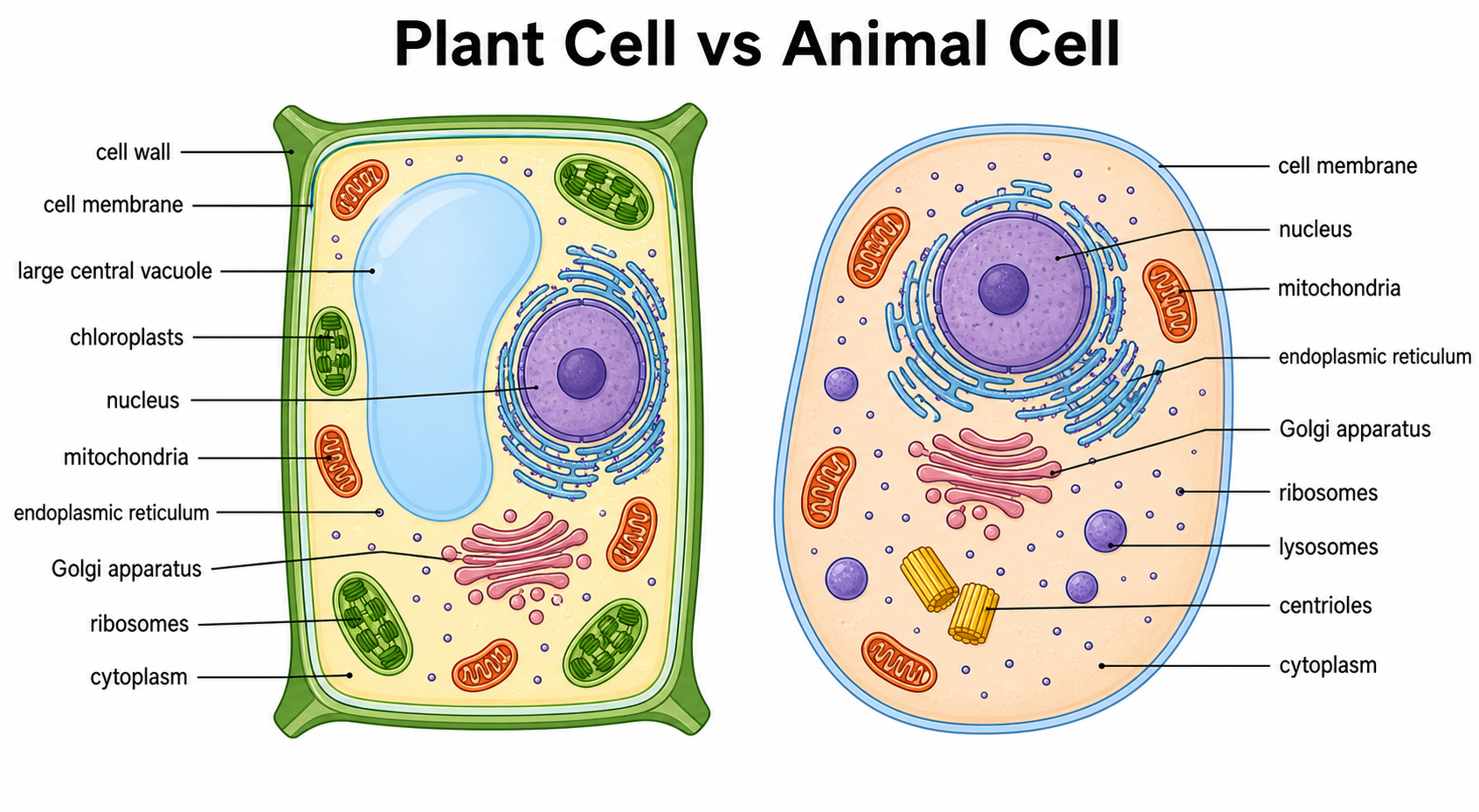 Diagramm nebeneinander — Eine rechteckige Pflanzenzelle neben einer abgerundeten Tierzelle, jede Organelle mit Beschriftungslinien versehen.