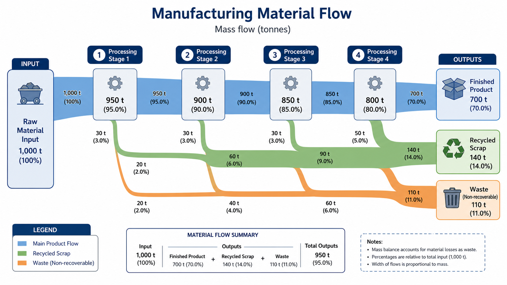Material Flow — Manufacturing material flow showing product, recycled scrap, and waste at each processing stage.