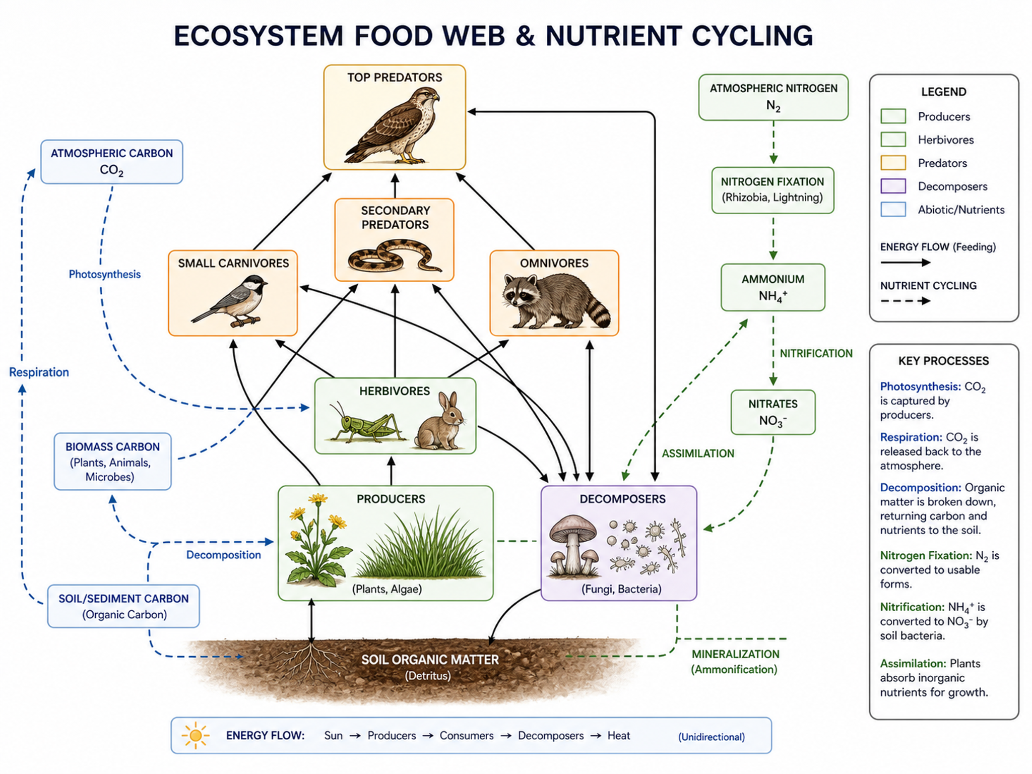 Figura Concettuale di Ecologia — Figura ecologica concettuale che mostra reti trofiche e cicli dei nutrienti per riviste di scienze ambientali.