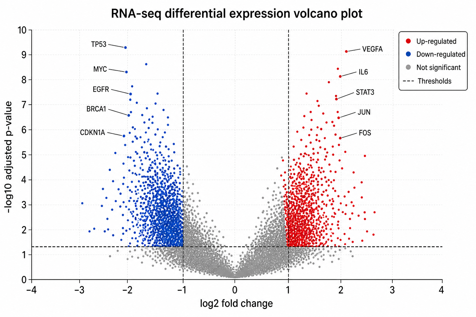 RNA-seq Differential Expression — Transcriptome-wide differential expression with fold-change and significance thresholds and the top genes labeled.