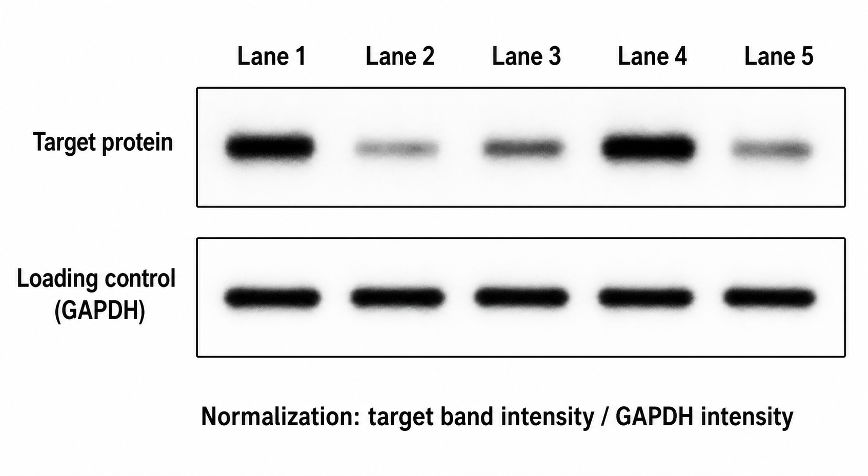 Diagramma di controllo di caricamento che mostra una banda della proteina bersaglio normalizzata rispetto a una banda housekeeping GAPDH su più corsie di western blot